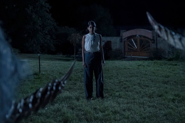 This image released by A24 shows Sunita Mani in a scene from "Death of a Unicorn." (A24 via AP)