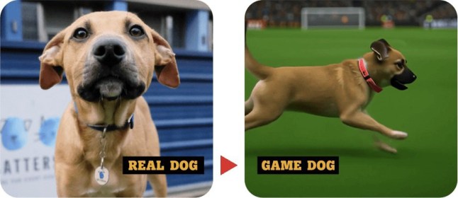 Battersea rescue dog side by side with in-game replica