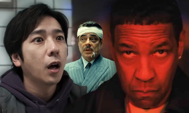 A surprised looking Japanese man in Exit 8, Benicio del Toro with his head bandaged in a pinstripe suit in The Phoenician Scheme and Denzel Washington's looing face lit by red light in Highest 2 Lowest
