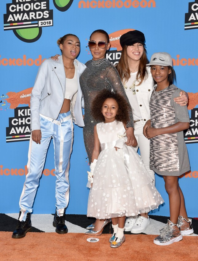 Phoenix Chi Gulzar, Mel B, Madison Brown Belafonte, Giselle Belafonte, and Angel Iris Murphy Brown in 2018 at a Nickelodeon premiere