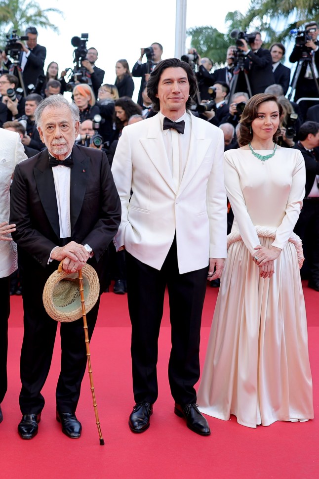 CANNES, FRANCE - MAY 16: (L-R) Francis Ford Coppola, Adam Driver and Aubrey Plaza attend the "Megalopolis" Red Carpet at the 77th annual Cannes Film Festival at Palais des Festivals on May 16, 2024 in Cannes, France. (Photo by Neilson Barnard/Getty Images)