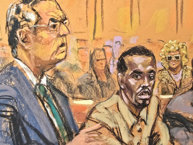 Sean 'Diddy' Combs', accompanied by attorney Marc Agnifilo, and with his mom seated in the back, attends a hearing in federal court in the Manhattan borough of New York City, U.S., October 10, 2024 in this courtroom sketch. REUTERS/Jane Rosenberg