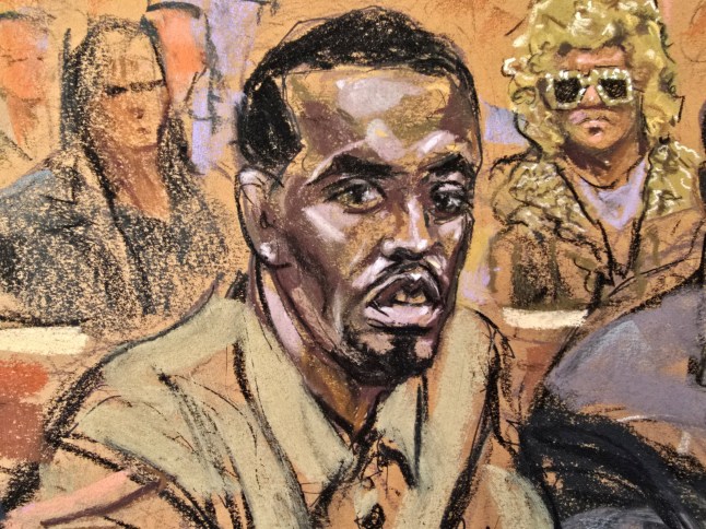 FILE PHOTO: Sean 'Diddy' Combs', with his mom seated in the back, attends a hearing in federal court in the Manhattan borough of New York City, U.S., October 10, 2024 in this courtroom sketch. REUTERS/Jane Rosenberg/File Photo