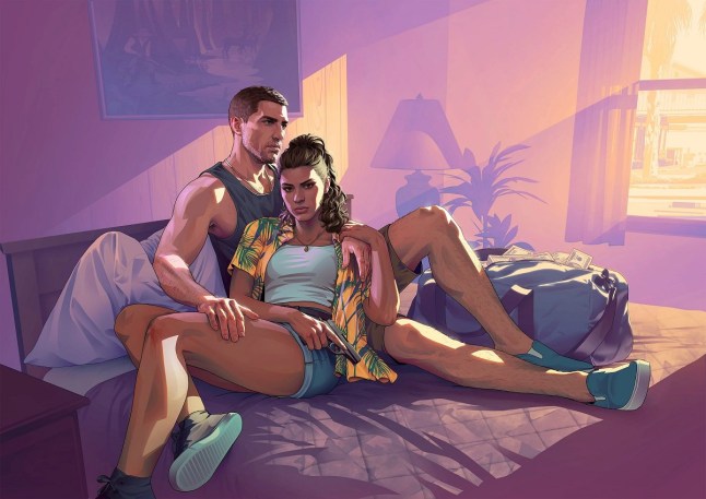 A GTA 6 visual of characters Jason and Lucia lounging on a bed.