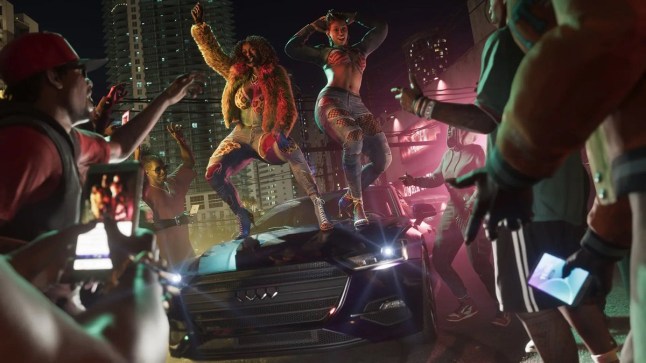 GTA 6 Real Dimez two women dancing on top of a car in front of a cheering crowd