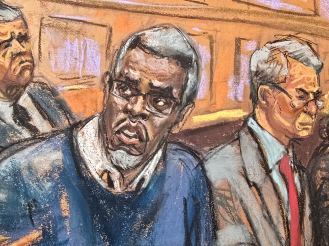 U.S. Marshalls sit behind Sean "Diddy" Combs as he sits at the defense table alongside lawyer Brian Steel in the courtroom during his sex trafficking trial in New York City, New York, U.S., May 9, 2025 in this courtroom sketch. REUTERS/Jane Rosenberg
