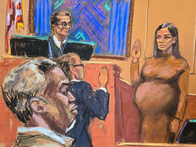 Sean "Diddy" Combs watches as his former girlfriend Casandra "Cassie" Ventura is sworn in as a prosecution witness before U.S. District Judge Arun Subramanian at Combs' sex trafficking trial in New York City, New York, U.S., May 13, 2025 in this courtroom sketch. REUTERS/Jane