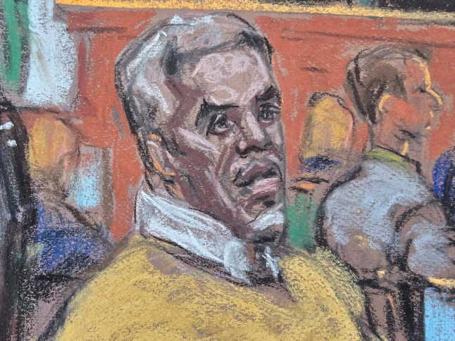 Sean "Diddy" Combs watches as Casandra "Cassie" Ventura (not seen) leaves for a break in her testimony during Combs' sex trafficking trial in New York City, New York, U.S., May 15, 2025 in this courtroom sketch. REUTERS/Jane Rosenberg