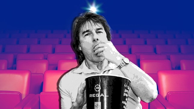 Tom Cruise eating popcorn from a bucket superimposed onto red seats in a cinema auditorium