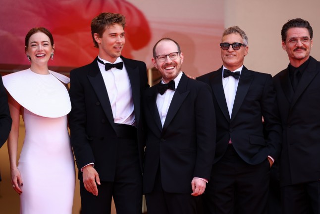 CANNES, FRANCE - MAY 16: (L-R) Emma Stone, Austin Butler, Ari Aster, Joaquin Phoenix and Pedro Pascal attend the "Eddington" red carpet at the 78th annual Cannes Film Festival at Palais des Festivals on May 16, 2025 in Cannes, France. (Photo by Marc Piasecki/FilmMagic)