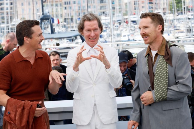 Rupert Friend, from left, director Wes Anderson and Benedict Cumberbatch pose for photographers at the photo call for the film 'The Phoenician Scheme' at the 78th international film festival, Cannes, southern France, Monday, May 19, 2025. (Photo by Joel C Ryan/Invision/AP)