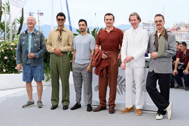 CANNES, FRANCE - MAY 19: Bill Murray, Richard Ayoade, Riz Ahmed, Rupert Friend, Wes Anderson and Benedict Cumberbatch pose during "The Phoenician Scheme" photocall at the 78th annual Cannes Film Festival at Palais des Festivals on May 19, 2025 in Cannes, France. (Photo by Andreas Rentz/Getty Images)