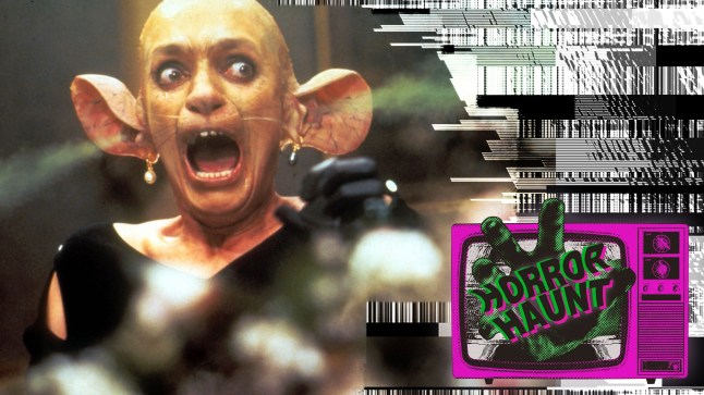 A character in The Witches with mouse prosthetics next to the Horror Haunt logo
