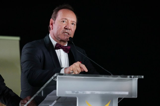 Kevin Spacey speaks during the Better World Fund 10th Anniversary Gala Dinner during the 78th international film festival in Cannes, southern France, Tuesday, May 20, 2025. (AP Photo/Natacha Pisarenko)
