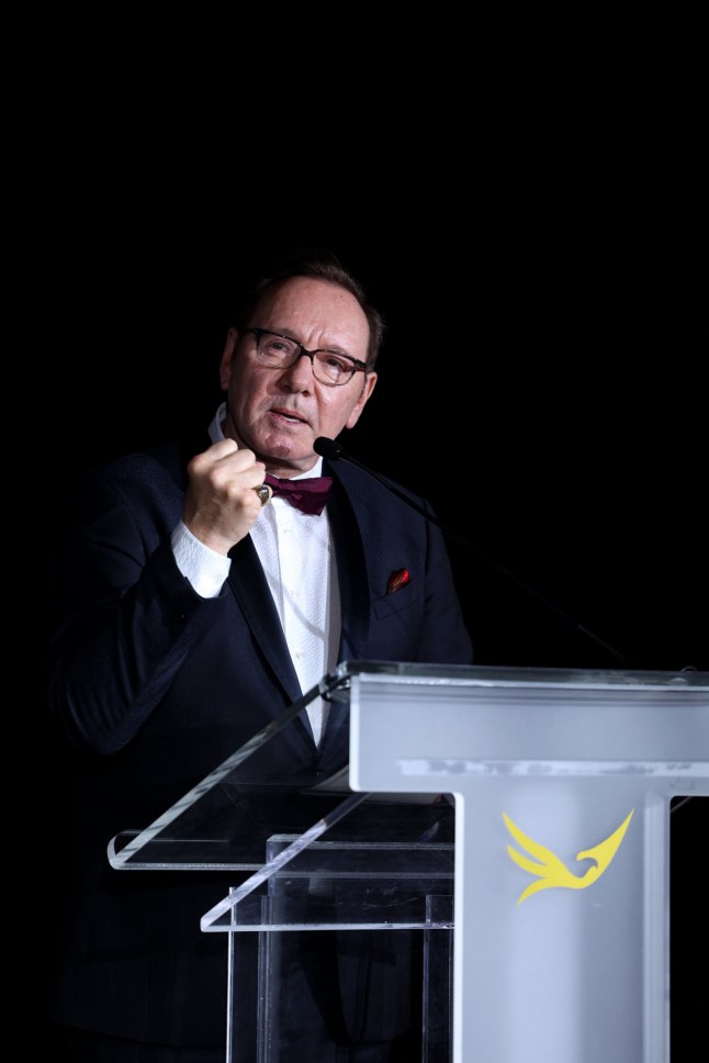 CANNES, FRANCE - MAY 20: Kevin Spacey speaks on stage during the Better World Fund Gala 2025 red carpet at the 78th annual Cannes Film Festival at Carlton Hotel on May 20, 2025 in Cannes, France. (Photo by Pascal Le Segretain/Getty Images)