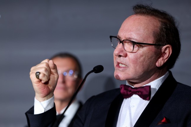 CANNES, FRANCE - MAY 20: Kevin Spacey speaks on stage during the Better World Fund Gala 2025 red carpet at the 78th annual Cannes Film Festival at Carlton Hotel on May 20, 2025 in Cannes, France. (Photo by Pascal Le Segretain/Getty Images)