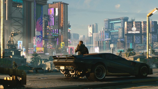 Cyberpunk 2077 screenshot of a cityscape and car