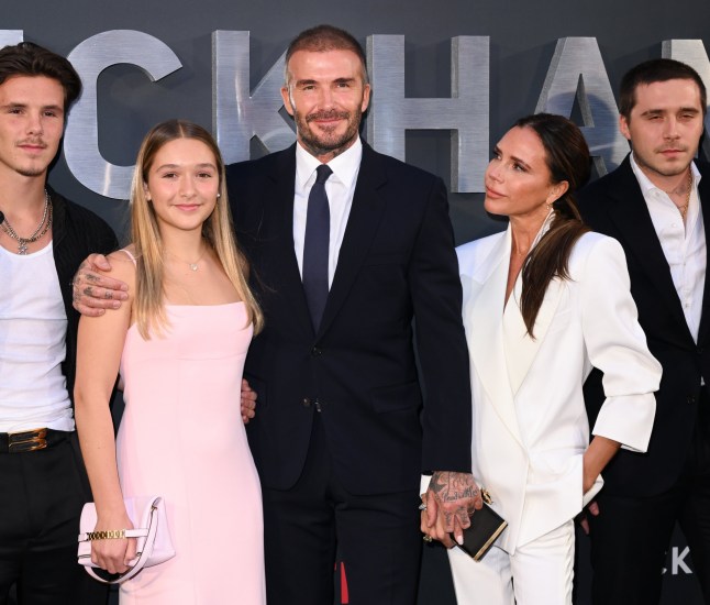 LONDON, ENGLAND - OCTOBER 03: (L-R) Harper Beckham, David Beckham and Victoria Beckham attend the Netflix 'Beckham' UK Premiere at The Curzon Mayfair on October 03, 2023 in London, England. (Photo by Karwai Tang/WireImage)
